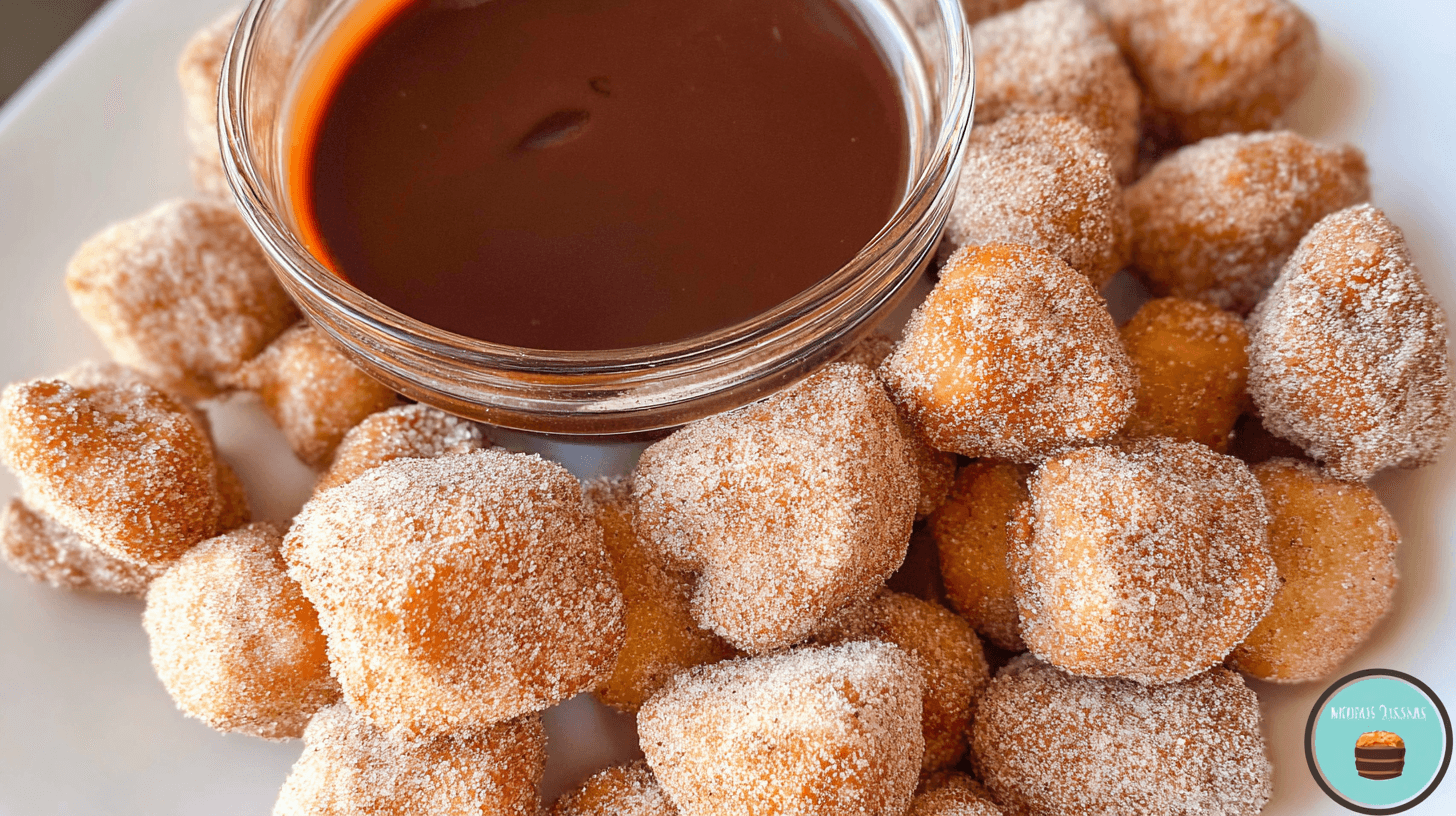 simple Air Fryer Churro Bites taken with an old camera, close-up, top-down, golden-brown, sugar-cinnamon coated, sparkling texture, rich chocolate dipping sauce, cream plate, soft even light, tempting dessert.