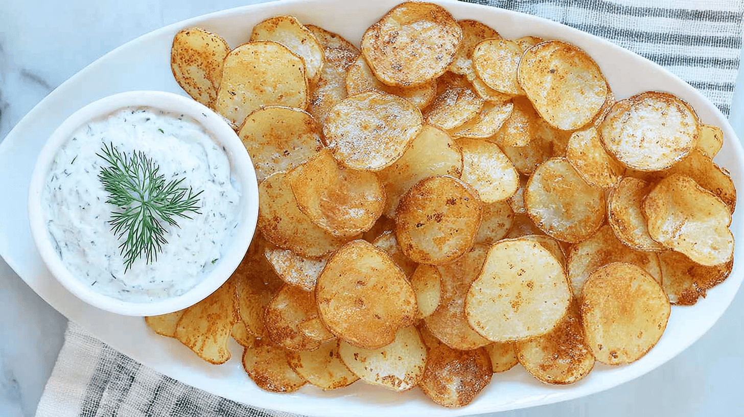 simple Air Fryer Sliced Potatoes taken with an old camera, vibrant appetizing overhead view, large oval white platter, golden brown potato crisps, crispy edges, creamy dill dip, fresh dill garnish, light marble surface, striped linen napkin, bright even lighting.