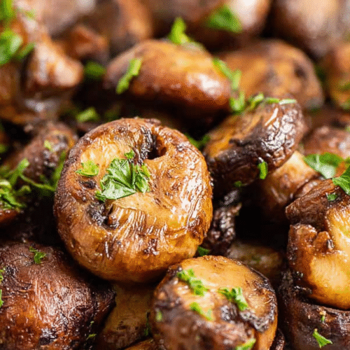simple Airfryer Mushrooms taken with an old camera, close-up, high-angle, perfectly cooked, browned cremini mushrooms, golden-brown, deep caramel hues, intensely caramelized, glossy sheen, moist, juicy, vibrant green parsley flecks, shallow depth of field, sharp detail, rich textures, bright even lighting, plain white plate, appetizing food photography.
