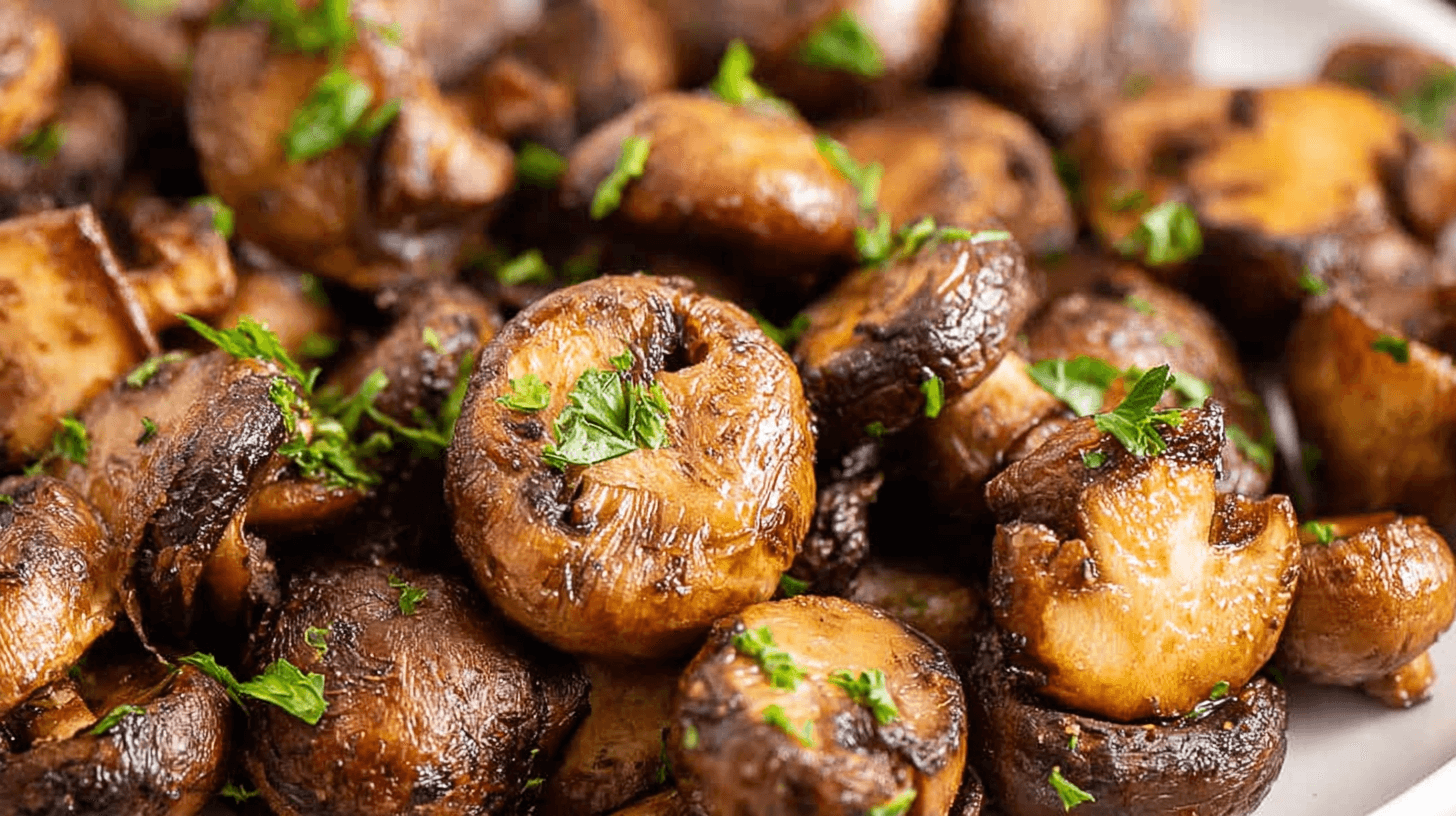 simple Airfryer Mushrooms taken with an old camera, close-up, high-angle, perfectly cooked, browned cremini mushrooms, golden-brown, deep caramel hues, intensely caramelized, glossy sheen, moist, juicy, vibrant green parsley flecks, shallow depth of field, sharp detail, rich textures, bright even lighting, plain white plate, appetizing food photography.
