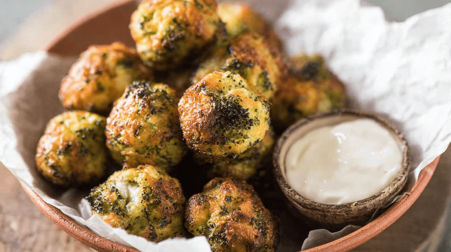 simple Baked Broccoli Cheese Balls taken with an old camera, close-up, golden-brown exterior, crisped texture, dark green broccoli, rustic terracotta bowl, creamy white dipping sauce, crumpled parchment paper, homemade, soft natural lighting, shallow depth of field, sharp focus, inviting, wholesome.