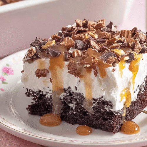 simple Better Than Cake taken with an old camera, tempting chocolate cake slice, fluffy whipped cream, golden caramel drizzle, chopped candy, elegant white plate, soft pink napkin, bright even lighting, sharp focus.