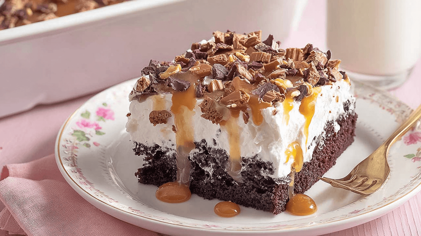 simple Better Than Cake taken with an old camera, tempting chocolate cake slice, fluffy whipped cream, golden caramel drizzle, chopped candy, elegant white plate, soft pink napkin, bright even lighting, sharp focus.