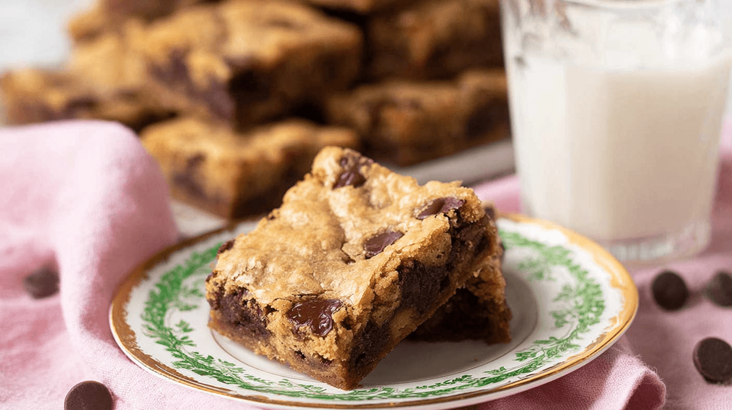 simple Brookies taken with an old camera, appetizing still life, rectangular cookie brownie bars, golden-brown, rich chocolate, crinkled texture, dark chocolate chips, elegant white plate, green and gold decorative rim, soft pink linen, clear glass of milk, scattered chocolate chips, blurred background, bright soft lighting, warm inviting.