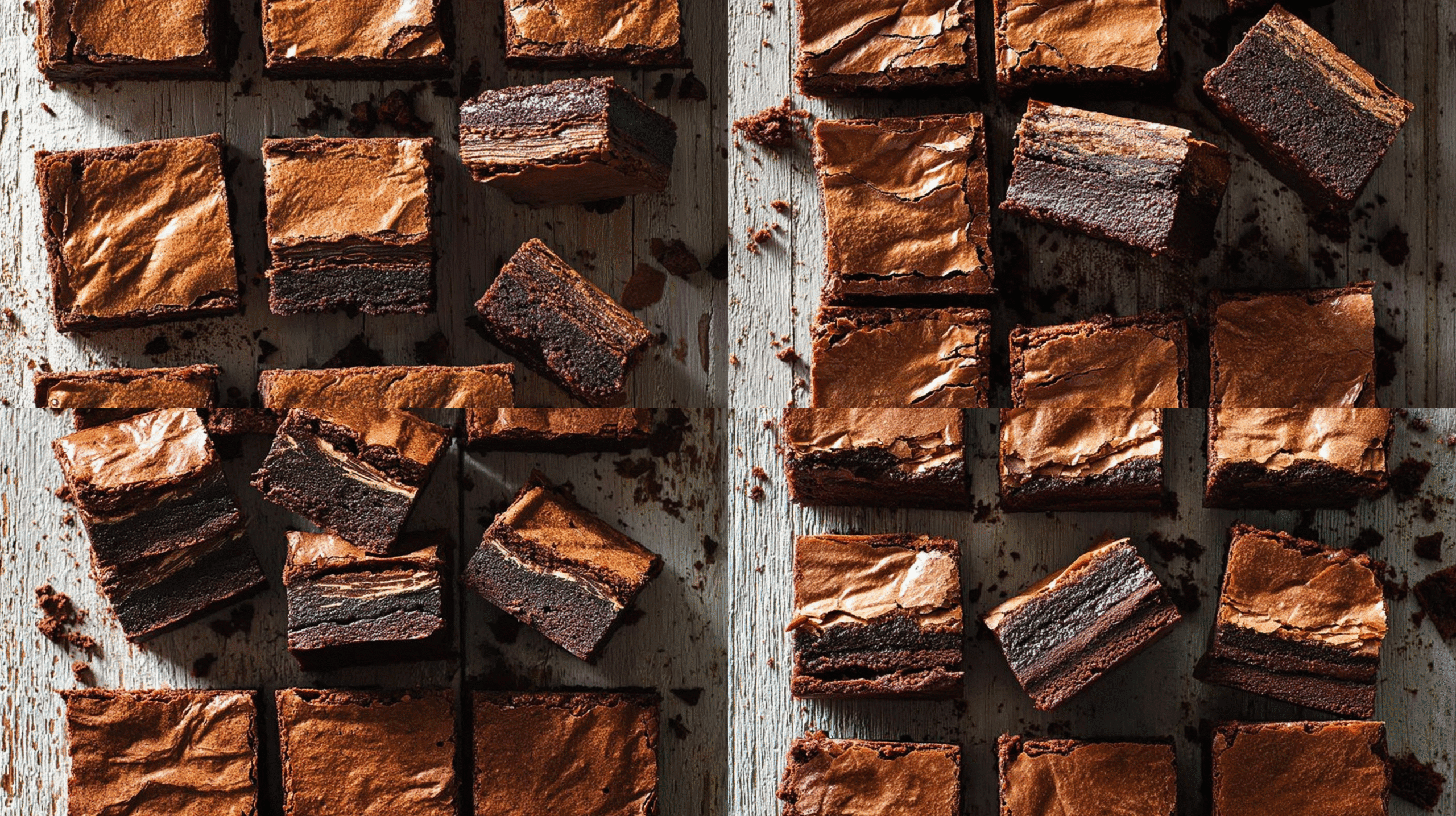 simple Brownies taken with an old camera, overhead view, square-cut, deep chocolate, crinkly flaky shiny crust, layered interior, scattered crumbs, rustic distressed wood surface, soft shadows, warm comforting.