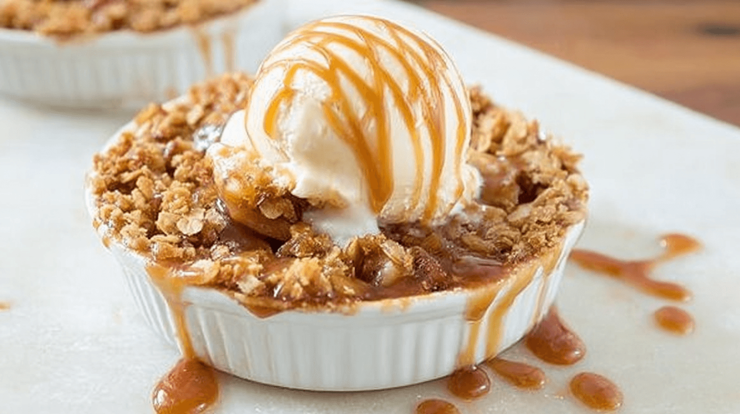 simple Caramel Apple Crisp taken with an old camera, beautifully presented, white ceramic ramekin, golden-brown crumble, glistening caramel drizzle, creamy vanilla ice cream, melting edges, light surface, spilled caramel, soft lighting, warm mood, inviting.