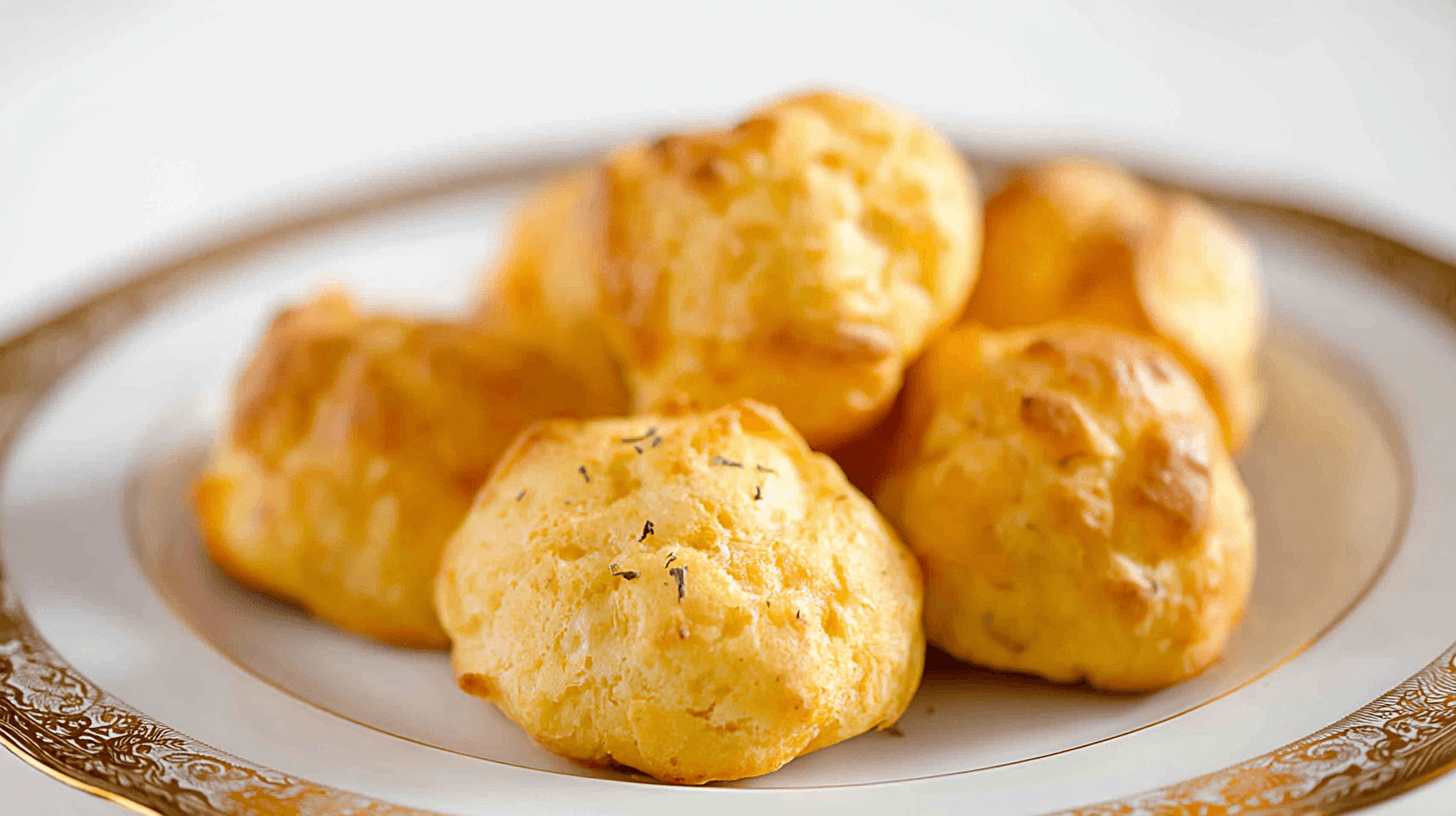 simple Cheese Puffs Recipe taken with an old camera, golden-baked puffs, savory crisp texture, herb speckles, elegant white plate, ornate gold rim, sharp focus, shallow depth of field, bright lighting, clean white background.