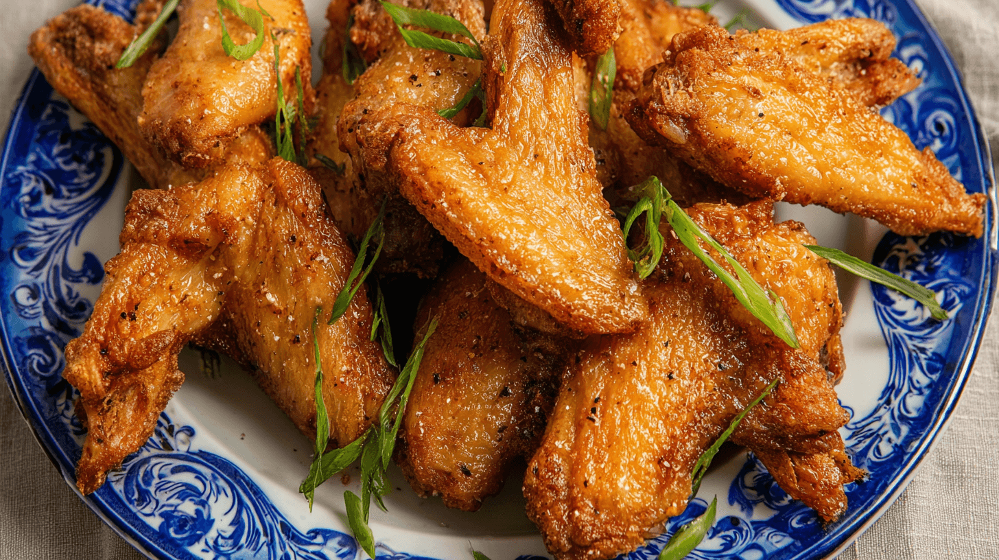 simple Chinese Chicken Wings taken with an old camera, crispy golden-brown chicken wings, decorative blue and white plate, shiny bubbly skin, coarse sea salt, black pepper, fresh green scallions, traditional Asian porcelain, intricate blue scrollwork, soft blurred linen background, bright even lighting, appetizing comfort food.