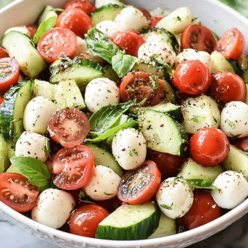 Easy Cucumber Caprese Salad 4 simple Easy Cucumber Caprese Salad taken with an old camera, vibrant fresh salad, white ceramic bowl, red cherry tomatoes, green cucumber slices, pearly mozzarella balls, fresh basil leaves, black pepper, glossy vinaigrette, marble countertop, clear glass bottle, dark blue linen napkin, bright even lighting.
