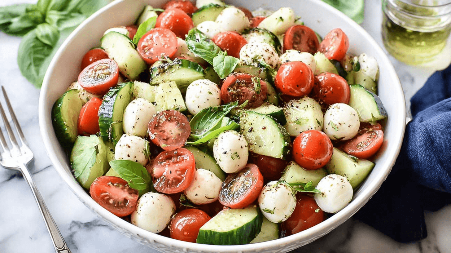 Easy Cucumber Caprese Salad 1 simple Easy Cucumber Caprese Salad taken with an old camera, vibrant fresh salad, white ceramic bowl, red cherry tomatoes, green cucumber slices, pearly mozzarella balls, fresh basil leaves, black pepper, glossy vinaigrette, marble countertop, clear glass bottle, dark blue linen napkin, bright even lighting.