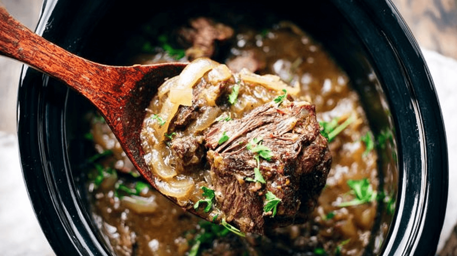 simple French Onion Pot Roast taken with an old camera, close-up, top-down, hearty stew, dark wooden spoon, tender succulent meat, caramelized onions, thick glossy gravy, fresh green herbs, bright natural lighting, rustic countertop, warm comfort food.