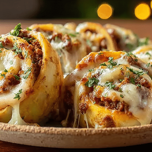 simple Garlic Butter Cheeseburger Rollups taken with an old camera, close-up, savory baked rolls, golden-brown, gooey melted cheese, fresh green herbs, rustic ceramic plate, warm wooden table, soft bokeh background, warm inviting lighting.
