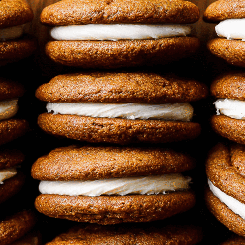 simple Gingerbread Whoopie Pies taken with an old camera, close-up, high-angle, vertical stacks, soft cake-like cookies, creamy vanilla filling, rich warm brown, crinkled texture, plush bulging filling, soft diffused lighting, warm cozy appetizing mood, dark blurred background.