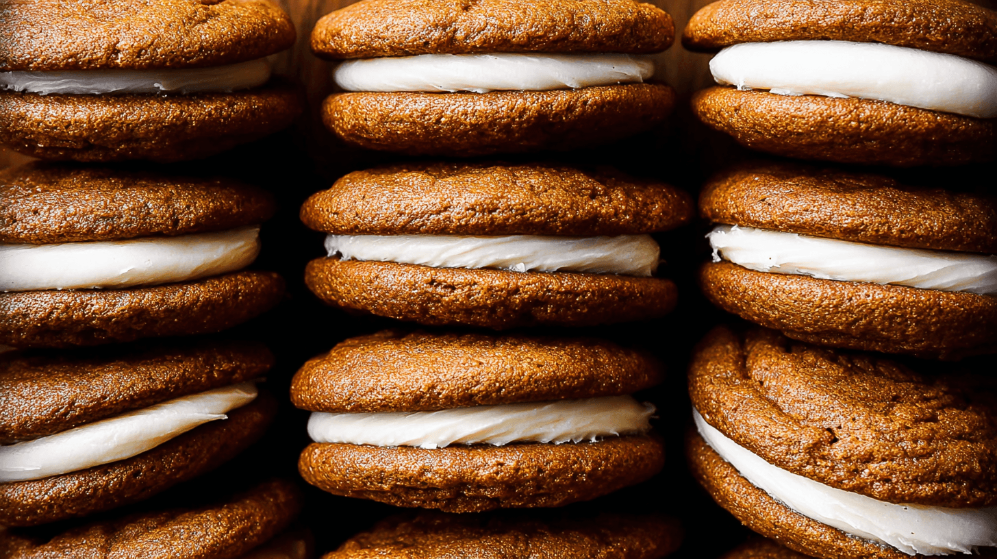 simple Gingerbread Whoopie Pies taken with an old camera, close-up, high-angle, vertical stacks, soft cake-like cookies, creamy vanilla filling, rich warm brown, crinkled texture, plush bulging filling, soft diffused lighting, warm cozy appetizing mood, dark blurred background.