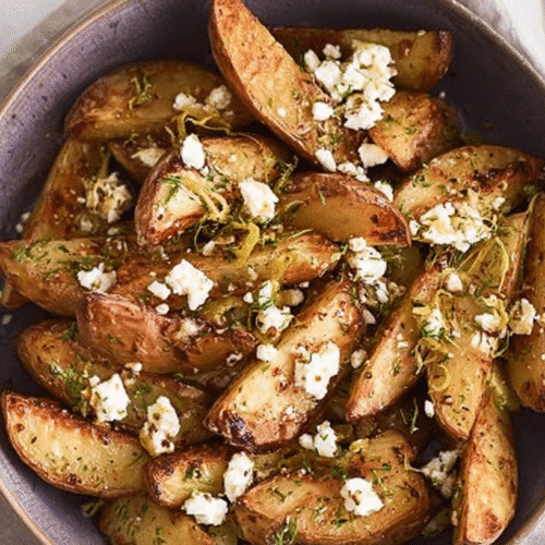 simple Greek Feta Roast Potatoes taken with an old camera, appetizing overhead view, golden-brown potato wedges, crispy edges, crumbled feta, fresh herbs, lemon zest, rustic ceramic bowl, ornate silver spoon, textured linen, soft lighting.