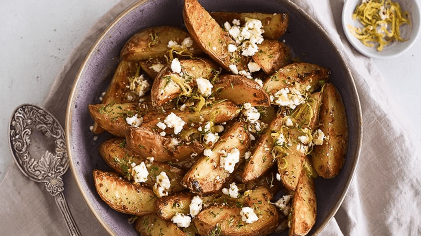 simple Greek Feta Roast Potatoes taken with an old camera, appetizing overhead view, golden-brown potato wedges, crispy edges, crumbled feta, fresh herbs, lemon zest, rustic ceramic bowl, ornate silver spoon, textured linen, soft lighting.