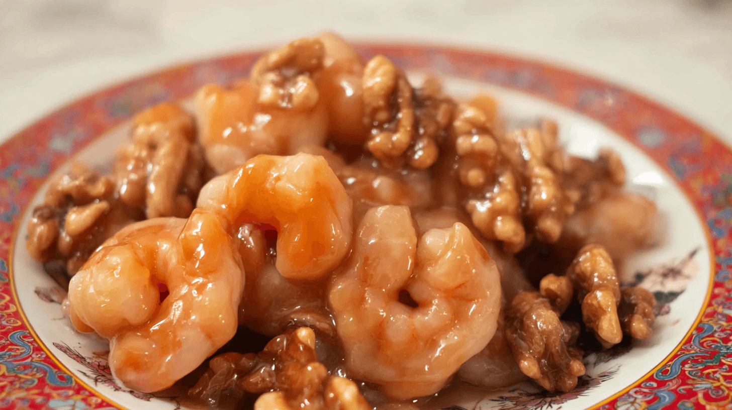 simple Honey Walnut Shrimp taken with an old camera, close-up, high-angle, glossy amber sauce, plump shrimp, crunchy walnuts, decorative Chinese plate, intricate patterns, soft studio lighting, shallow depth of field.
