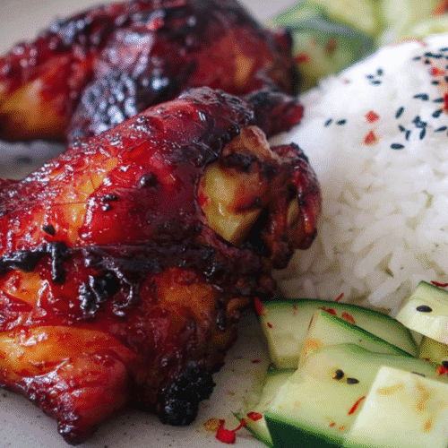 simple Kalbi Chicken Legs in Air Fryer taken with an old camera, close-up, top-down view, richly glazed bone-in chicken, deep reddish-brown, caramelized skin, glossy, moist, mounded white rice, black sesame seeds, fresh cucumber salad, red chili flakes, light ceramic plate, shallow depth of field, soft blurred background, well-lit, appetizing, Asian-inspired.