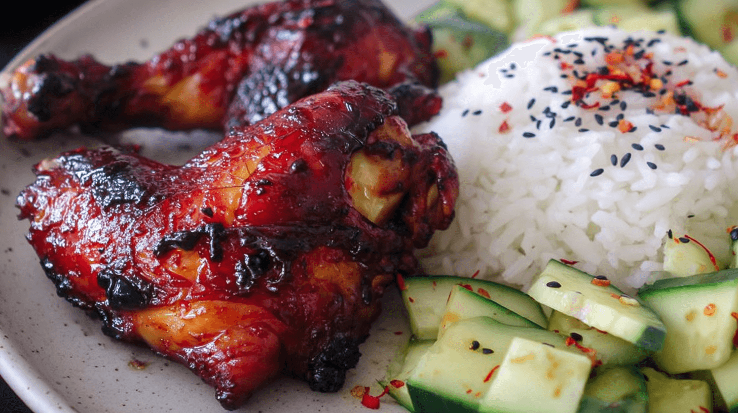 simple Kalbi Chicken Legs in Air Fryer taken with an old camera, close-up, top-down view, richly glazed bone-in chicken, deep reddish-brown, caramelized skin, glossy, moist, mounded white rice, black sesame seeds, fresh cucumber salad, red chili flakes, light ceramic plate, shallow depth of field, soft blurred background, well-lit, appetizing, Asian-inspired.