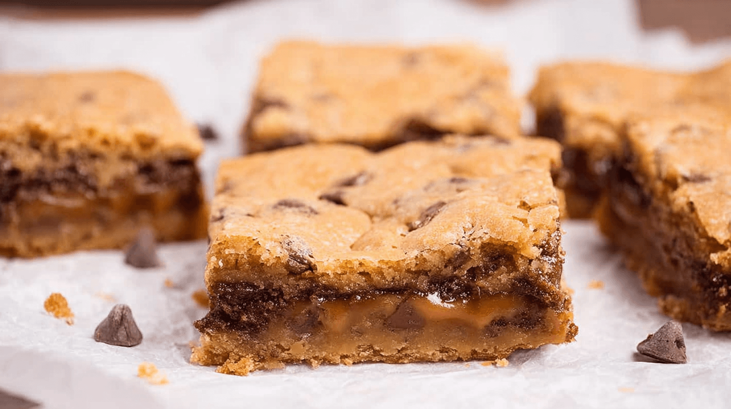 simple Knock You Bars taken with an old camera, close-up, mouth-watering layered dessert bars, golden-brown crust, chocolate chips, thick gooey caramel, glossy sheen, dense fudgy chocolate base, crumpled parchment paper, scattered crumbs, soft even lighting, shallow depth of field.