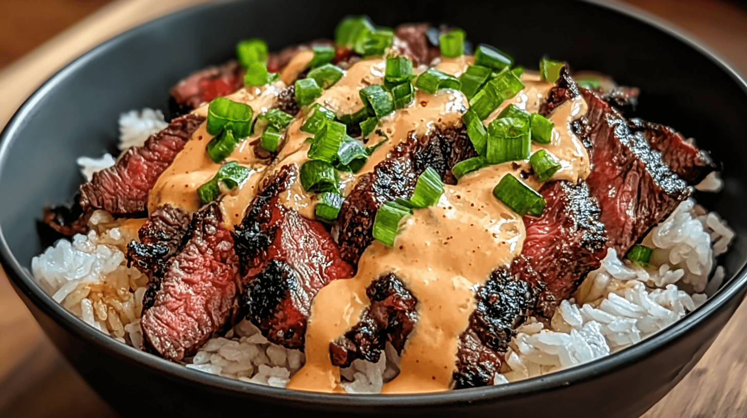 simple Korean BBQ Steak Rice Bowls with Spicy Cream Sauce taken with an old camera, mouth-watering, close-up high-angle, black ceramic bowl, seared medium-rare steak, creamy spicy sauce, vibrant green onions, shallow depth of field, warm wooden table.