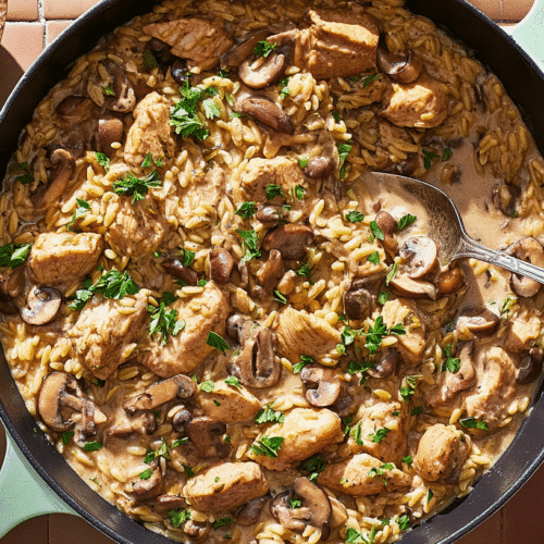 simple Marsala Chicken Orzo taken with an old camera, overhead view, hearty skillet meal, rustic tiled surface, dark cast-iron skillet with mint green handle, creamy chicken mushroom orzo, golden chicken chunks, earthy mushrooms, plump orzo, thick sauce, fresh parsley garnish, silver serving spoon, white wine glass, natural light, radiant reflections, wooden bowl of salt and pepper, terracotta tiles, bright directional lighting, prominent shadows, warm inviting atmosphere.