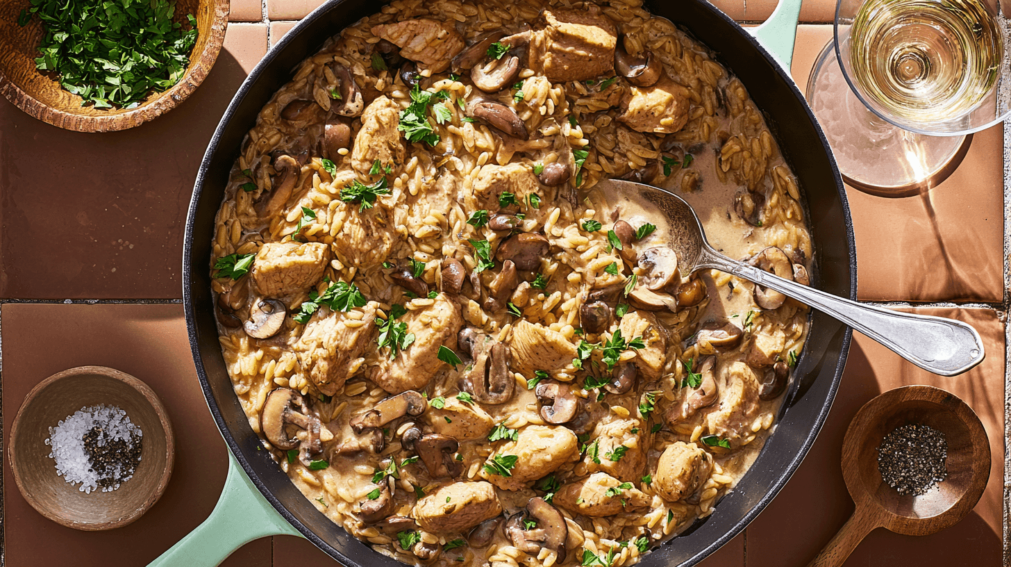 simple Marsala Chicken Orzo taken with an old camera, overhead view, hearty skillet meal, rustic tiled surface, dark cast-iron skillet with mint green handle, creamy chicken mushroom orzo, golden chicken chunks, earthy mushrooms, plump orzo, thick sauce, fresh parsley garnish, silver serving spoon, white wine glass, natural light, radiant reflections, wooden bowl of salt and pepper, terracotta tiles, bright directional lighting, prominent shadows, warm inviting atmosphere.