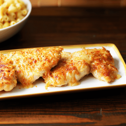 simple Melt In Your Mouth Chicken Breast taken with an old camera, rustic dark wooden table, baked chicken, golden melted cheese crust, creamy macaroni and cheese, fresh green salad, soft warm lighting, shallow depth of field, appetizing textures, home-cooked meal.