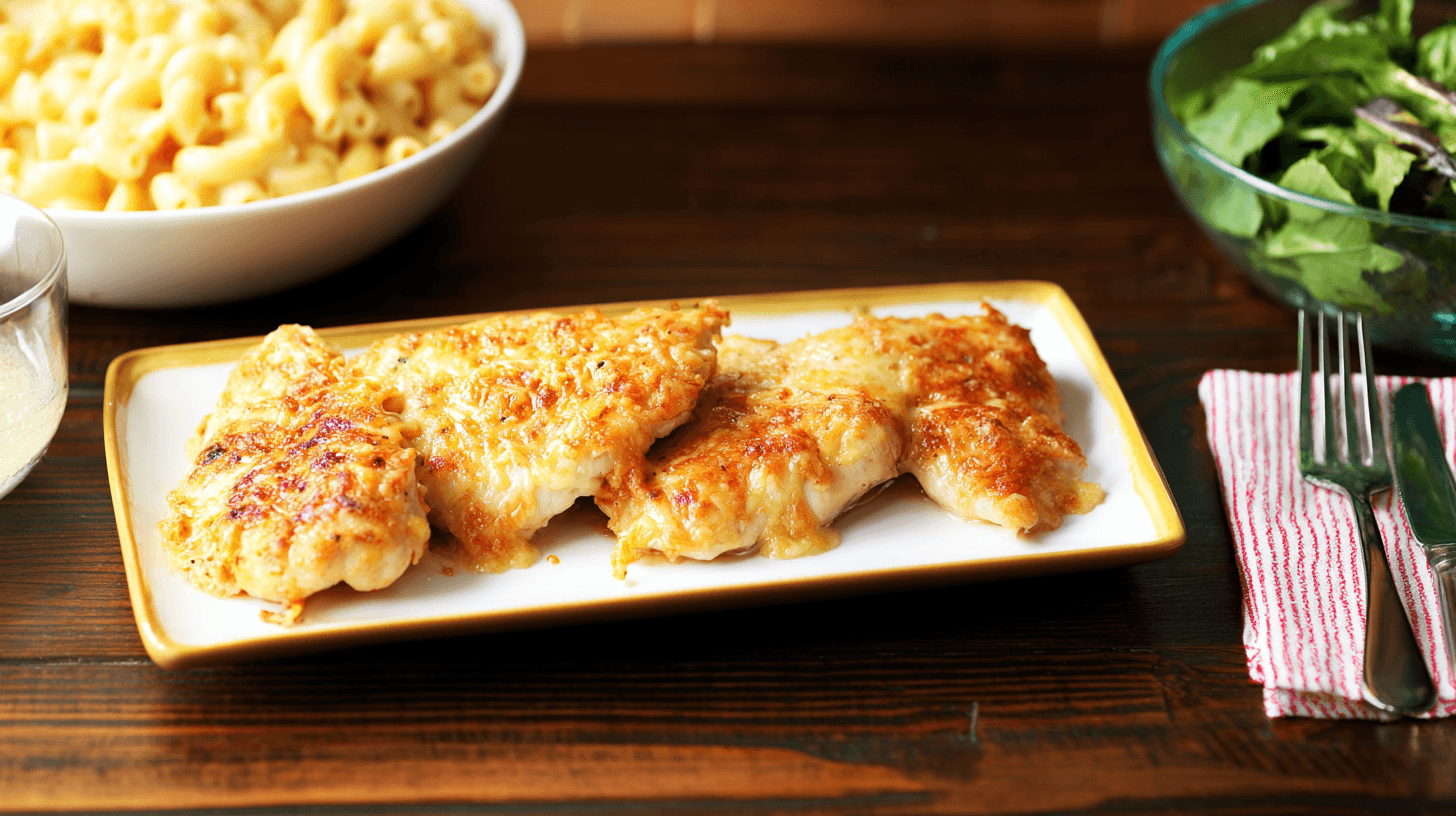 simple Melt In Your Mouth Chicken Breast taken with an old camera, rustic dark wooden table, baked chicken, golden melted cheese crust, creamy macaroni and cheese, fresh green salad, soft warm lighting, shallow depth of field, appetizing textures, home-cooked meal.
