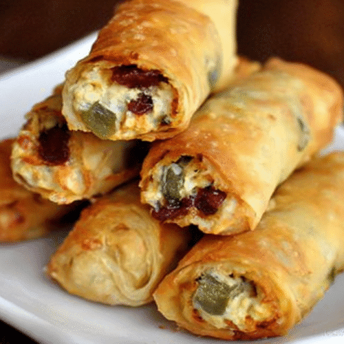 simple Mini Jalapeño Popper Egg Rolls taken with an old camera, close-up, golden-brown crispy fried rolls, creamy cheese and jalapeño filling, white ceramic plate, dark wooden table, soft natural light, shallow depth of field.