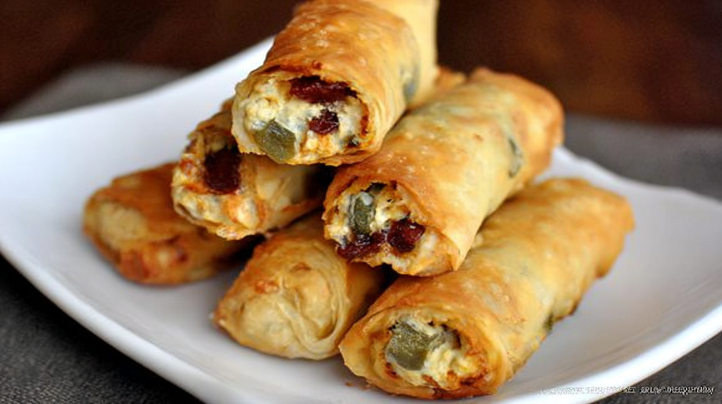 simple Mini Jalapeño Popper Egg Rolls taken with an old camera, close-up, golden-brown crispy fried rolls, creamy cheese and jalapeño filling, white ceramic plate, dark wooden table, soft natural light, shallow depth of field.