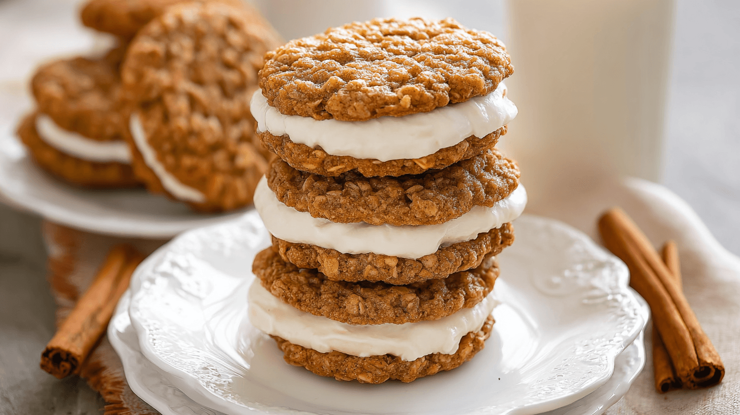 simple Oatmeal Cream Pies taken with an old camera, stack of three, golden-brown cookies, thick creamy white filling, rugged texture, white fluted plate, cinnamon sticks, milk glass, soft natural light, shallow depth of field.