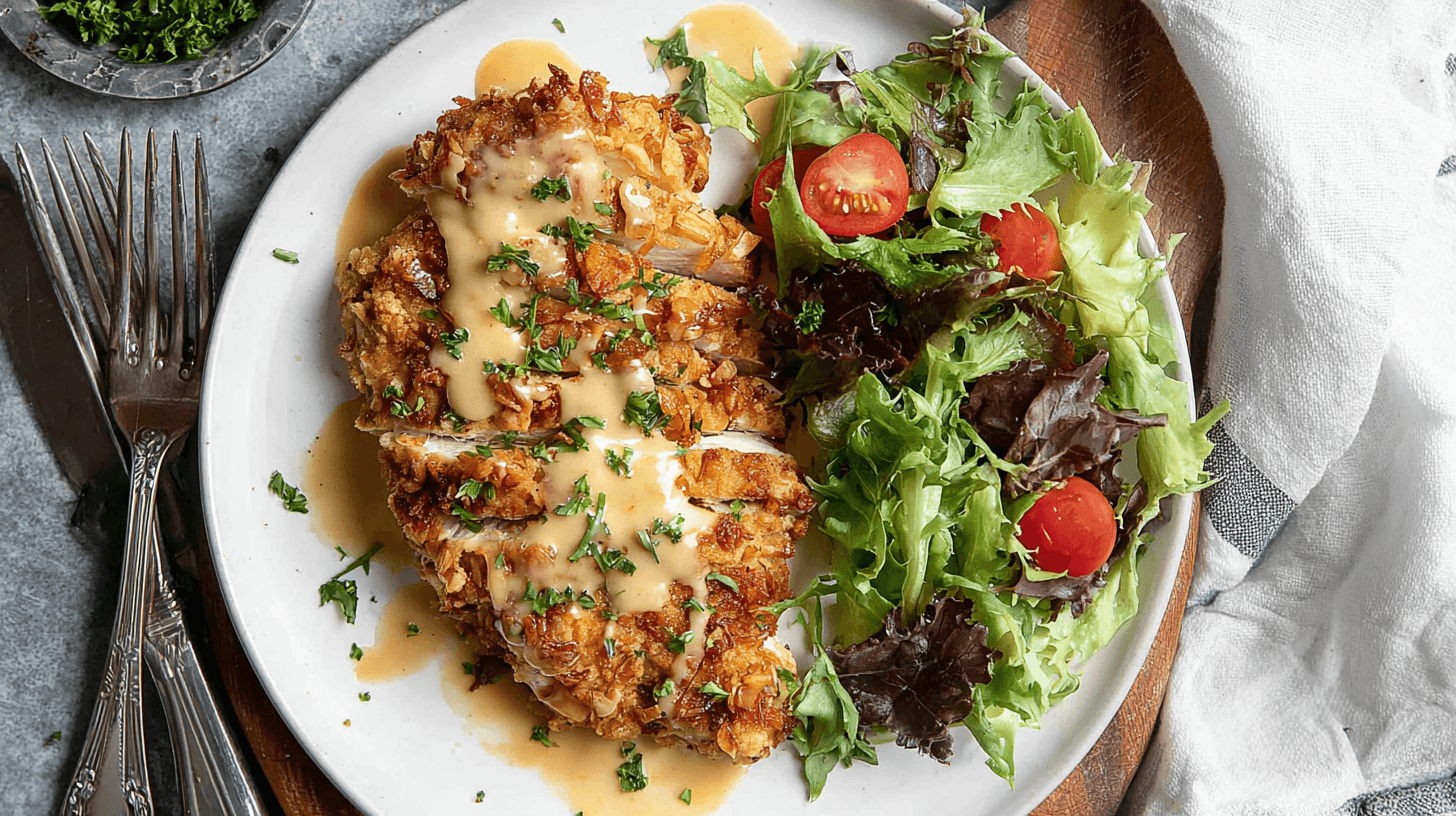Pretzel Chicken with Mustard-Cheddar Sauce: A Tasty Delight 1 simple Pretzel Chicken with Mustard Cheddar Sauce taken with an old camera, top-down view, round white plate, rustic background, crispy golden chicken, creamy sauce, fresh herbs, vibrant side salad, soft even lighting, warm atmosphere, sharp focus.