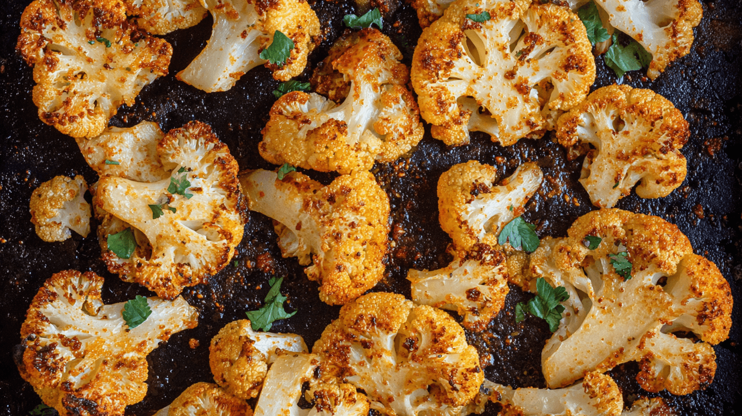 simple Roasted Cauliflower taken with an old camera, top-down view, dark baking sheet, golden-brown, caramelized charring, rich amber hues, spiced texture, vibrant green herbs, rustic arrangement, bright overhead light, appetizing.