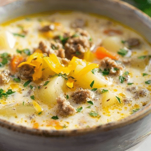 Creamy Sausage Potato Soup Recipe (Stove Top or Slow Cooker) 4 simple Sausage Potato Soup Recipe taken with an old camera, hearty soup, shallow depth of field, rustic ceramic bowl, creamy broth, crumbled sausage, tender potatoes, carrots, melted cheddar, fresh parsley, soft natural light, cozy atmosphere.