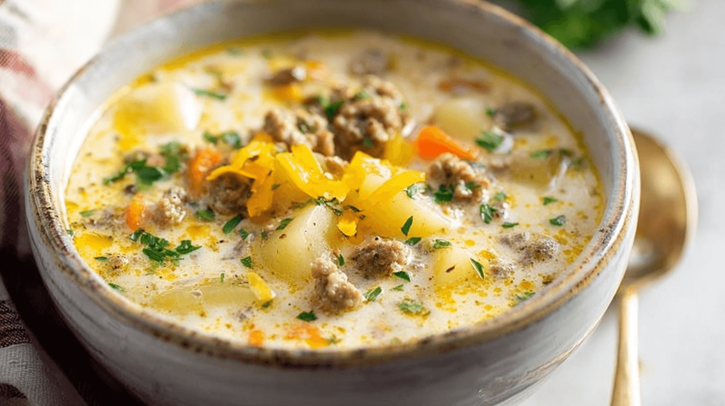 Creamy Sausage Potato Soup Recipe (Stove Top or Slow Cooker) 1 simple Sausage Potato Soup Recipe taken with an old camera, hearty soup, shallow depth of field, rustic ceramic bowl, creamy broth, crumbled sausage, tender potatoes, carrots, melted cheddar, fresh parsley, soft natural light, cozy atmosphere.