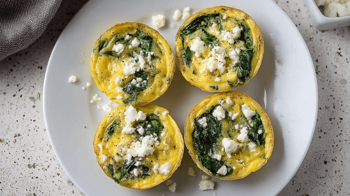 simple Spinach Feta Egg Muffins taken with an old camera, brightly lit, flat lay, golden-yellow egg bites, vibrant green spinach, crumbled white feta, white plate, speckled countertop.