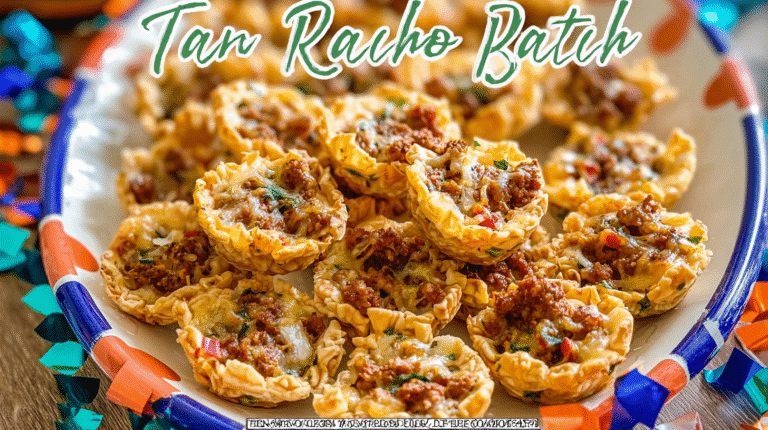 simple Taco Ranch Bites taken with an old camera, savory bite-sized appetizers, golden pastry cups, ruffled edges, rich ground meat, gooey melted cheese, red and green herbs, warm, freshly baked, white ceramic platter, blue and orange polka-dot rim, festive metallic streamers, brightly lit, overhead shot, sharp focus, soft background, party atmosphere.