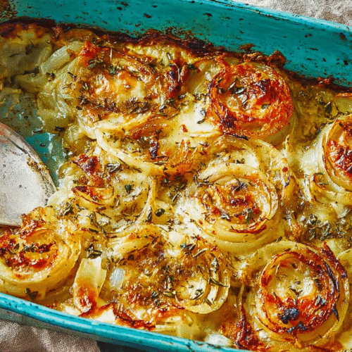 Classic Southern Tennessee Onions Casserole 5 simple Tennessee Onions taken with an old camera, cheesy baked, vibrant teal ceramic dish, caramelized edges, gooey melted cheese, green herbs, metallic serving spoon, mottled gray stone, rustic linen, soft lighting.