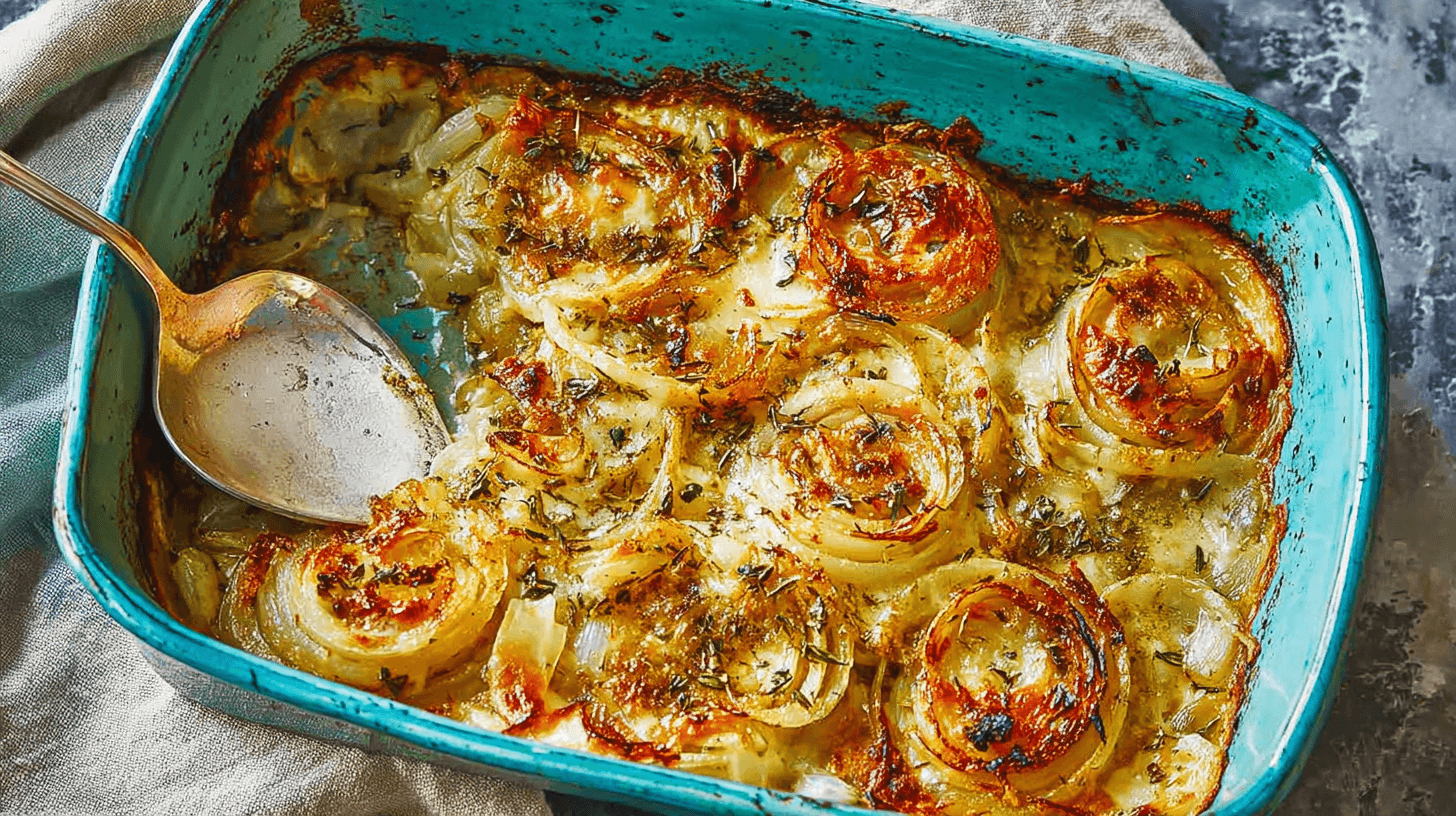 Classic Southern Tennessee Onions Casserole 1 simple Tennessee Onions taken with an old camera, cheesy baked, vibrant teal ceramic dish, caramelized edges, gooey melted cheese, green herbs, metallic serving spoon, mottled gray stone, rustic linen, soft lighting.