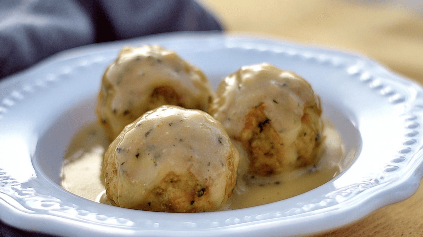 Turkey Stuffing Balls: Easy Recipe for Leftovers or Fresh 1 simple Turkey stuffing Balls taken with an old camera, appetizing close-up, creamy glossy sauce, white embossed ceramic bowl, soft diffused warm lighting, shallow depth of field, wooden surface, comforting.