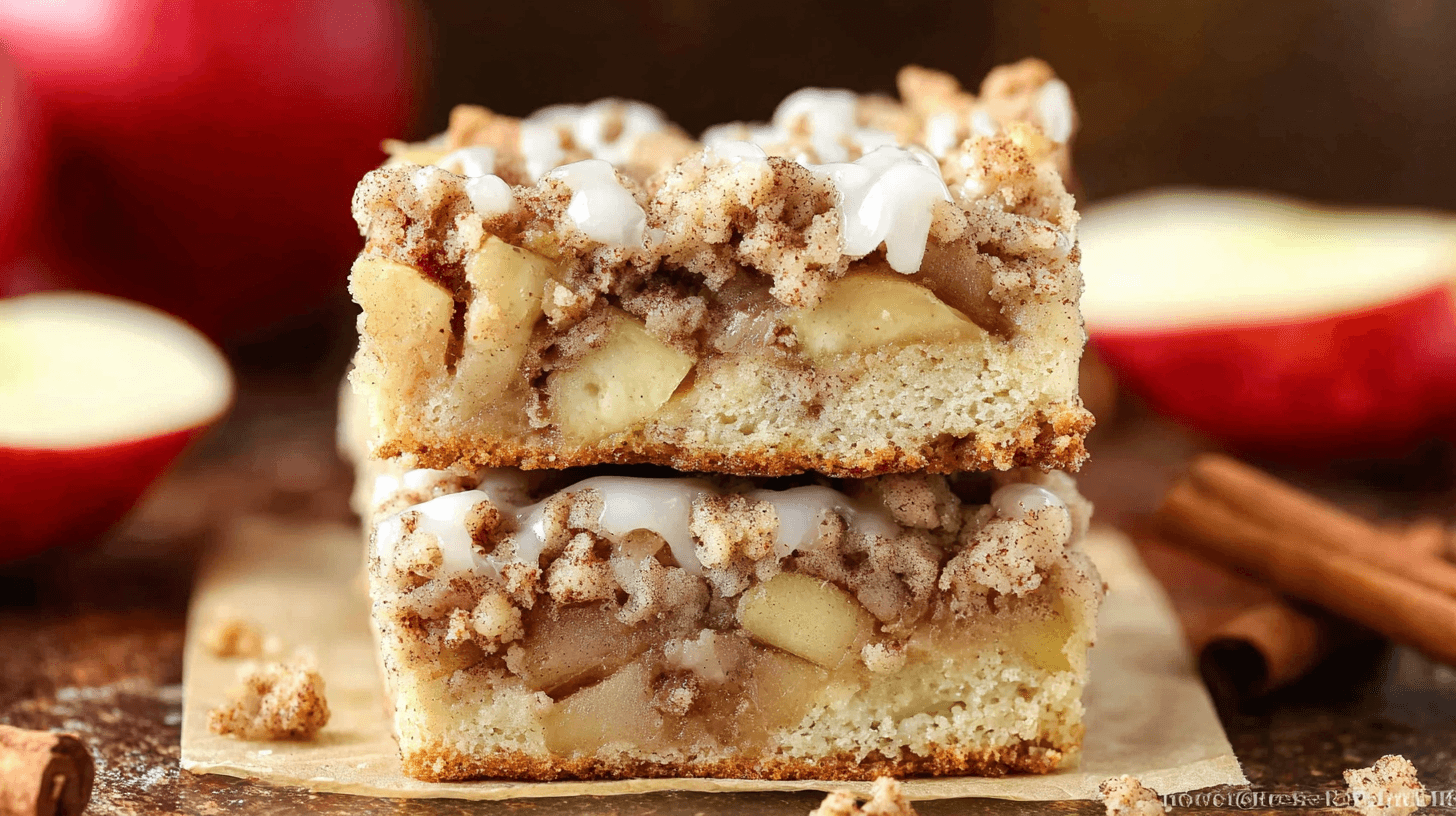 simple apple pie coffee cake taken with an old camera, delectable stacked apple crumb cake, close-up, warm lighting, golden-brown crumbly streusel, white glaze drizzle, tender diced apples, airy cake base, blurred rustic background, cinnamon sticks, scattered crumbs.