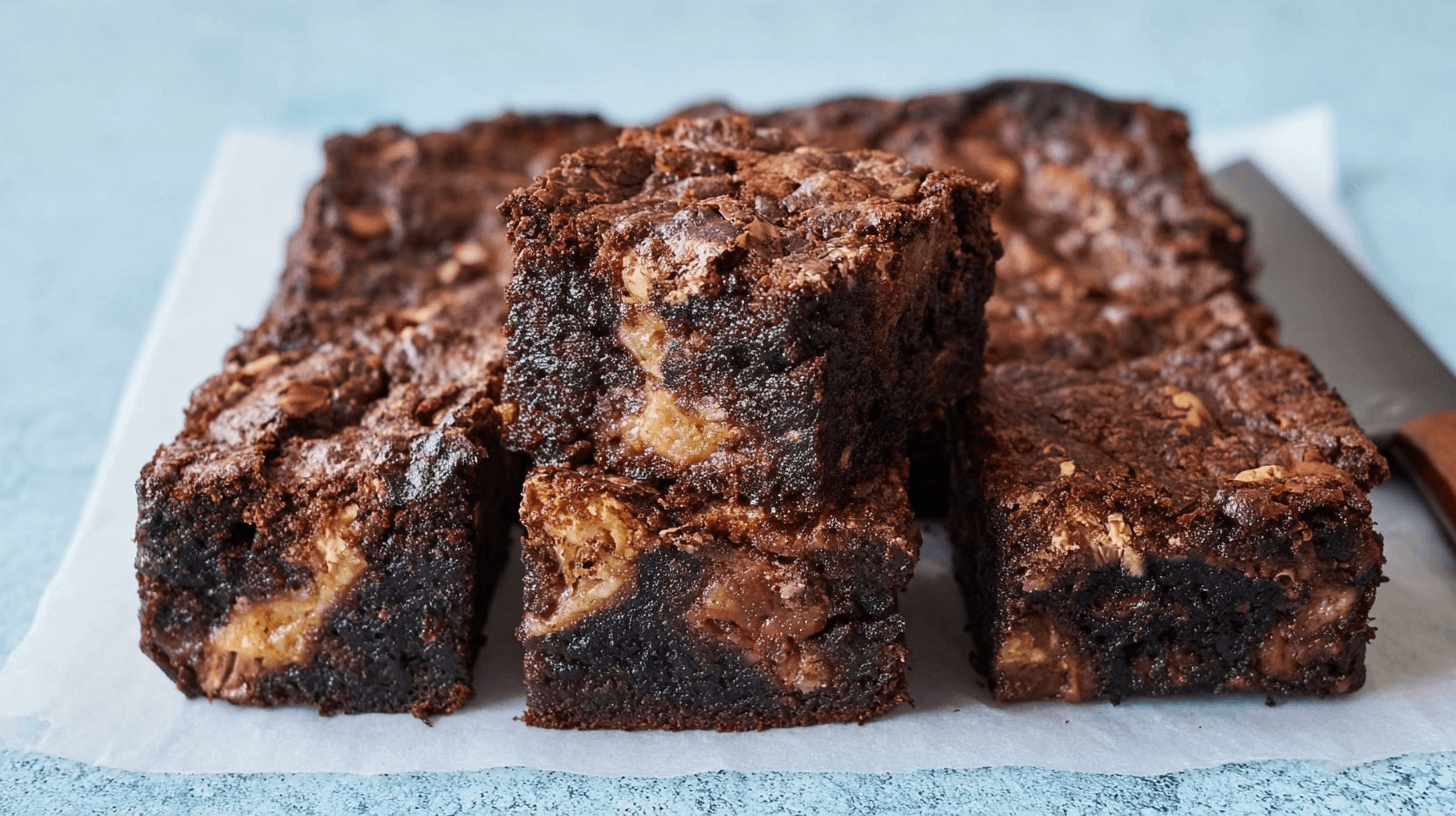 Ultimate Banana Bread Brownies Recipe 1 simple banana bread brownies taken with an old camera, dark chocolate, fudgy texture, crinkled top, golden caramel swirls, melted chocolate chunks, white parchment, textured light blue background, soft natural light, shallow depth of field.