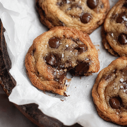 simple banana bread cookies taken with an old camera, close-up, golden-brown, soft chewy texture, melted chocolate chips, flaky sea salt, bitten cookie, white parchment paper, dark rustic metal tray, soft natural lighting, freshly baked.