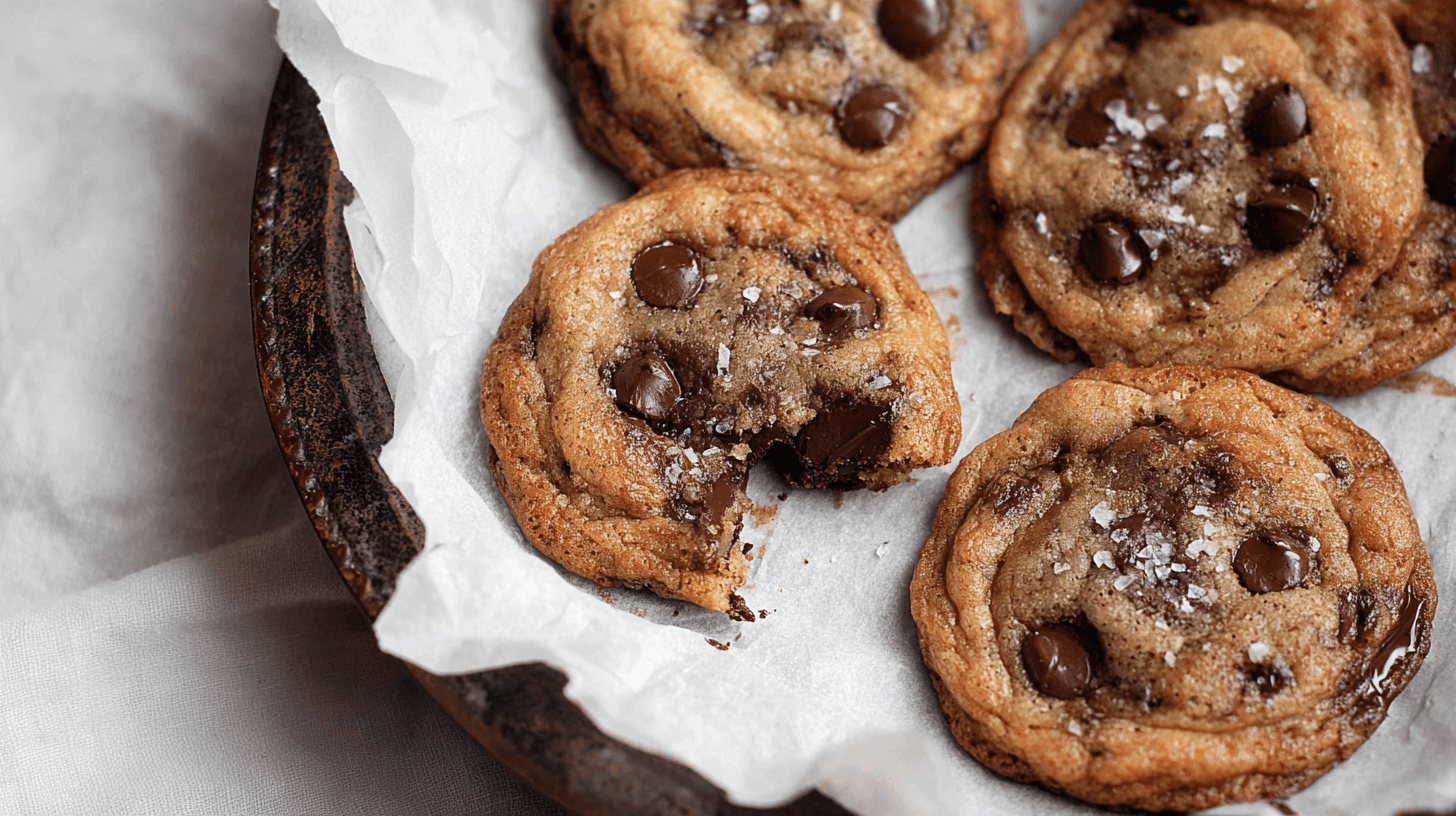 simple banana bread cookies taken with an old camera, close-up, golden-brown, soft chewy texture, melted chocolate chips, flaky sea salt, bitten cookie, white parchment paper, dark rustic metal tray, soft natural lighting, freshly baked.