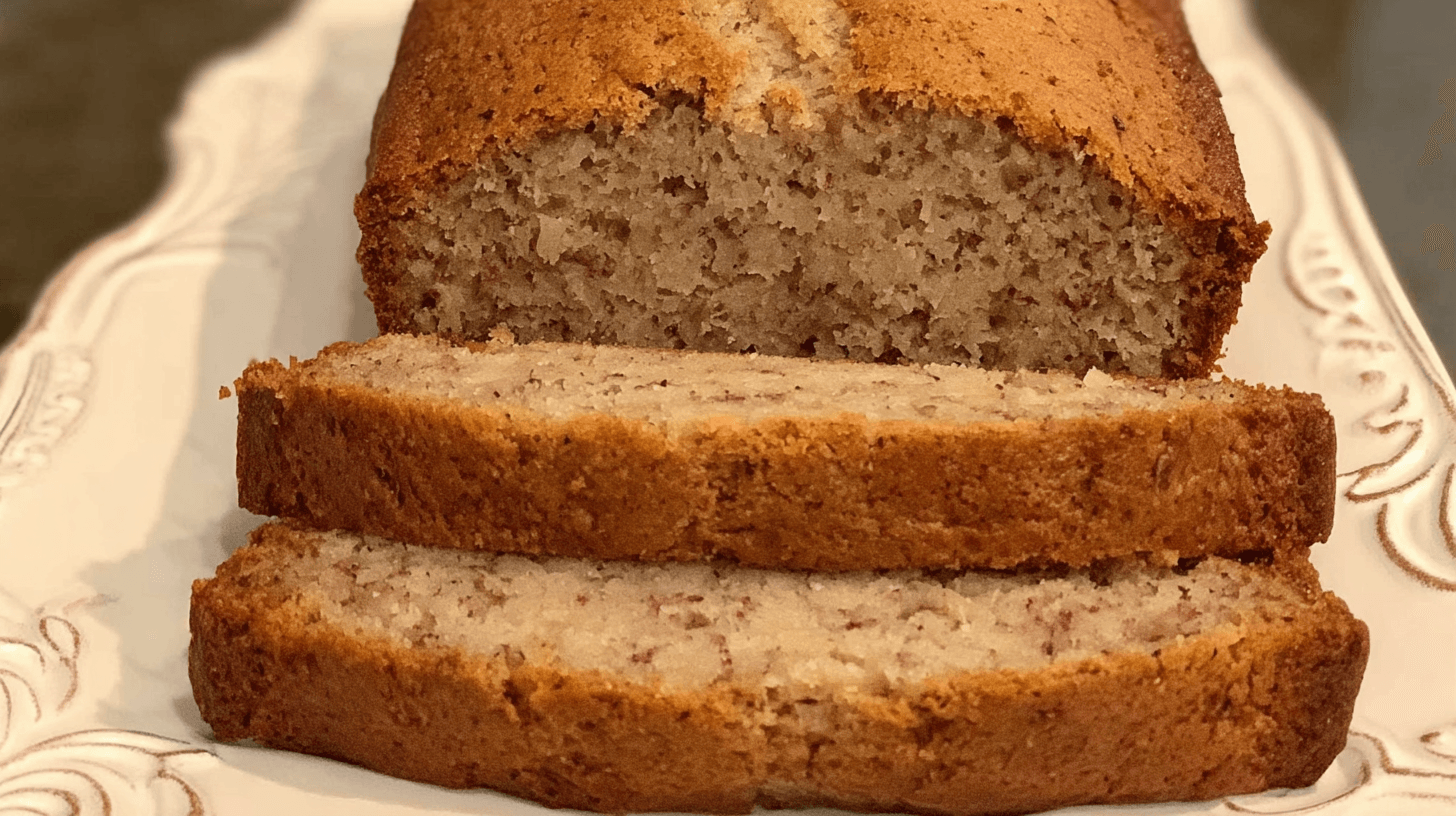 simple banana bread no eggs taken with an old camera, golden-brown crust, partially sliced, moist tender crumb, visible banana flecks, ornate white ceramic plate, soft bokeh background, warm inviting lighting.