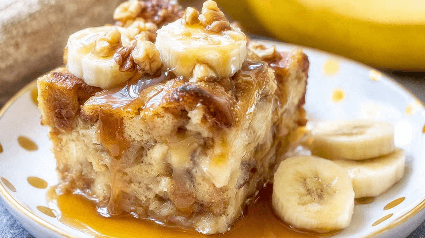 simple banana bread pudding taken with an old camera, delicious slice, warm moist texture, rustic shape, visible bread chunks, creamy custard, chopped nuts, golden caramelized crust, fresh banana slices, glossy amber caramel sauce, white plate with yellow dots, blurred ripe bananas, warm golden background, soft natural light.