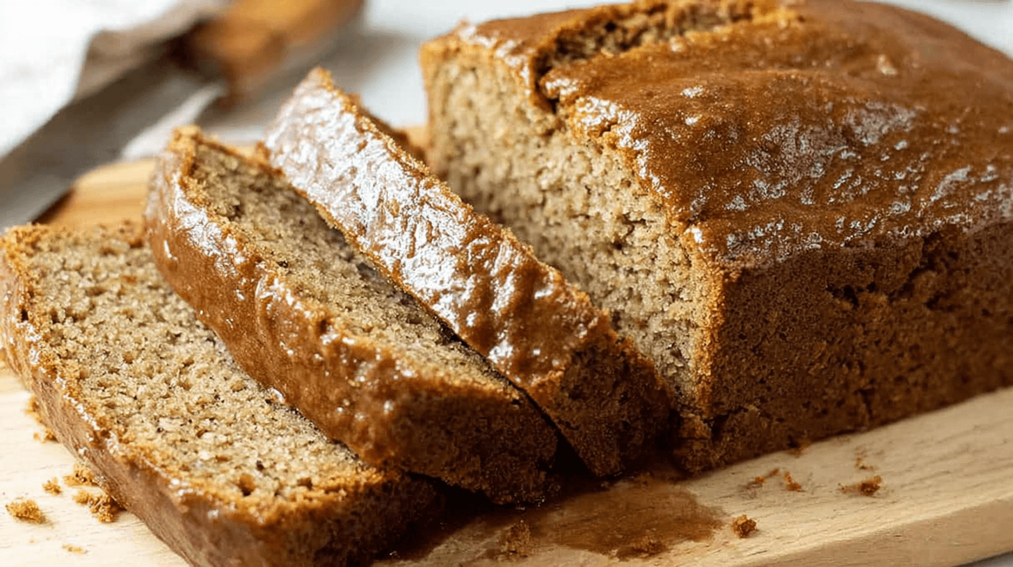 Healthy & Easy Banana Bread Recipe with Applesauce 1 simple banana bread recipe with applesauce taken with an old camera, freshly sliced loaf, rich brown glazed crust, moist speckled crumb, rustic wooden board, soft natural lighting, homemade goodness.