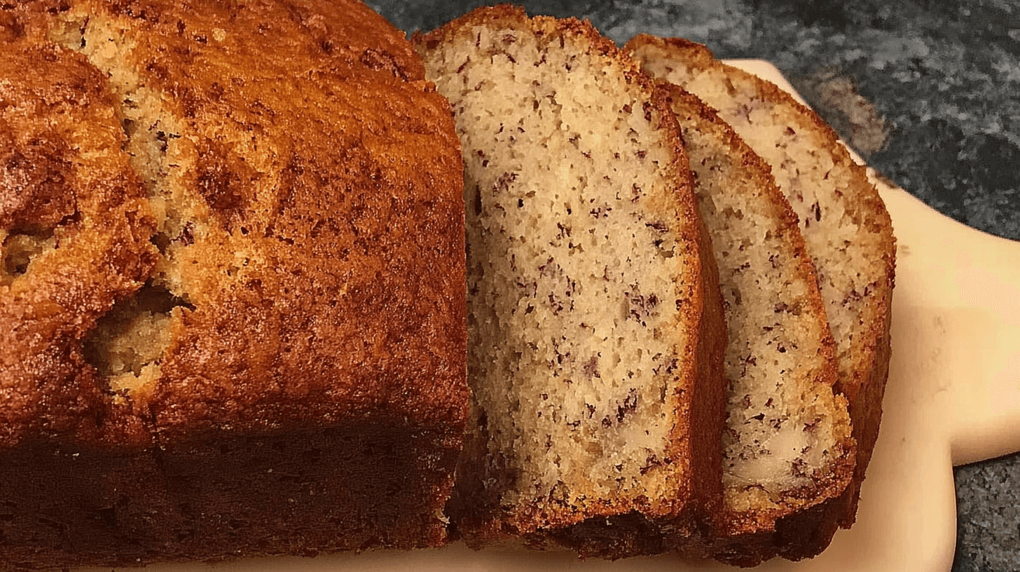 simple banana bread recipe with oil taken with an old camera, close-up, freshly baked, golden-brown crust, sliced, moist tender interior, banana speckled, light cutting board, dark mottled background, warm diffused lighting, homemade comfort food.