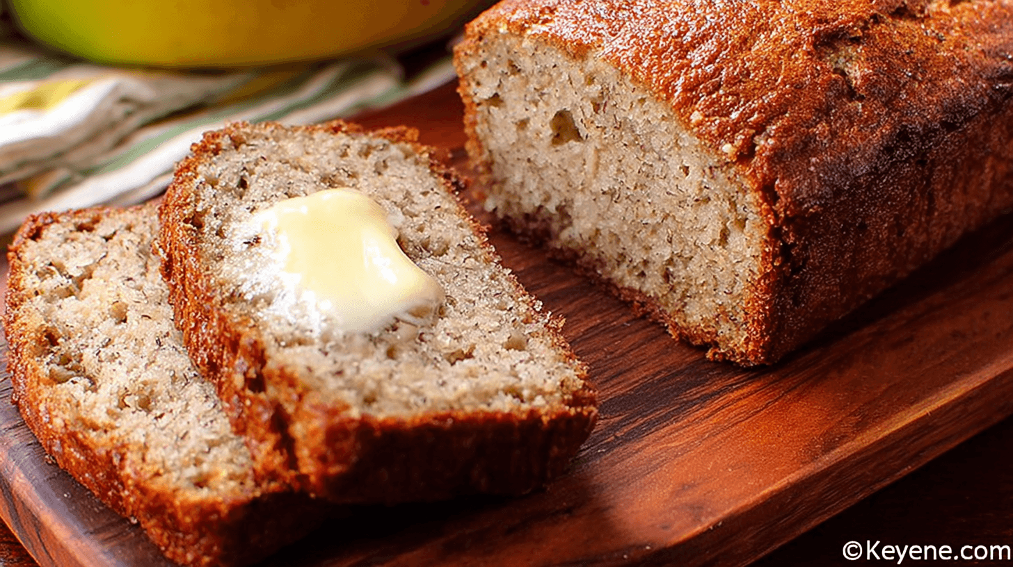 simple bisquick banana bread taken with an old camera, freshly baked, warm, inviting close-up, two slices, buttered, dense moist crumb, golden-brown crust, craggy top, rustic, dark wooden cutting board, polished finish, striped fabric, blurred banana peel, soft warm lighting.